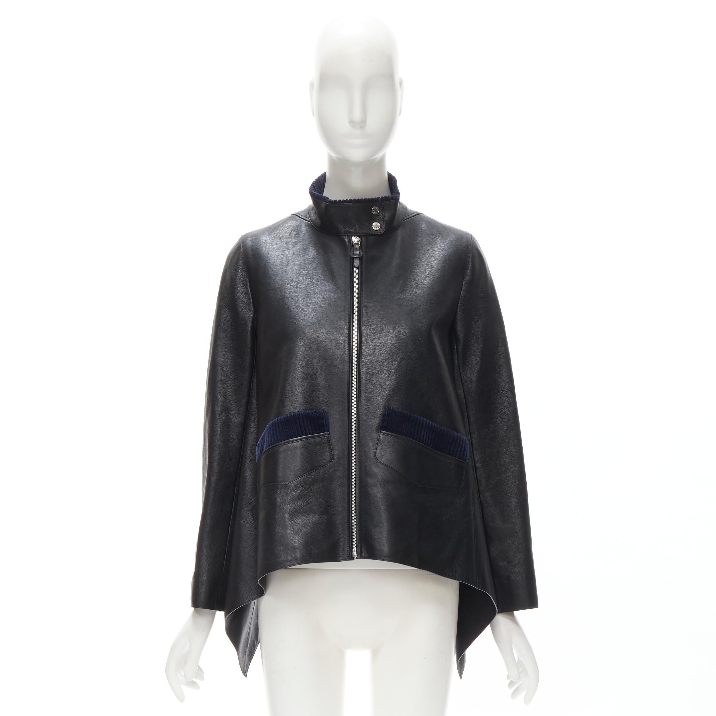 HERMES black calfskin leather navy corduroy trim cape flared leather jacket FR36 For Sale 6
