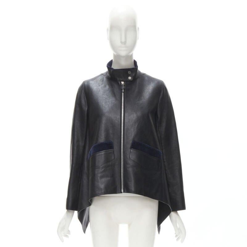 HERMES black calfskin leather navy corduroy trim cape flared leather jacket FR36 6