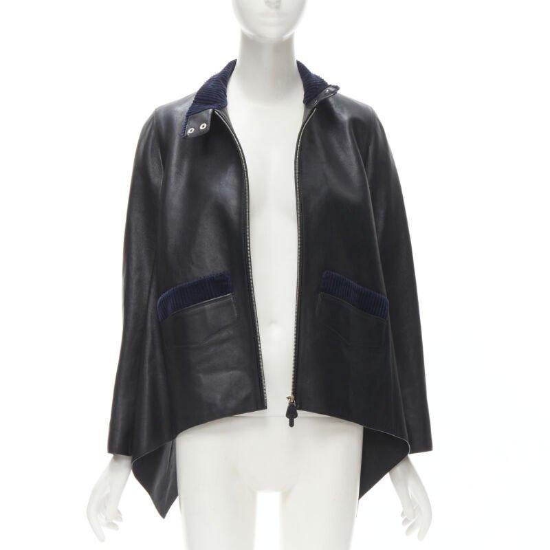 Black HERMES black calfskin leather navy corduroy trim cape flared leather jacket FR36