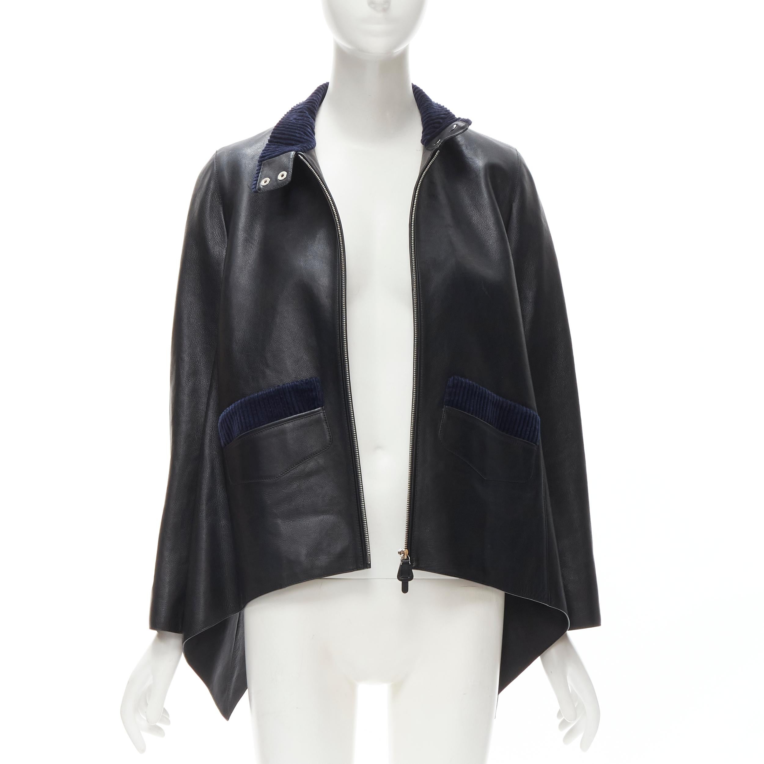 HERMES black calfskin leather navy corduroy trim cape flared leather jacket FR36 In Good Condition For Sale In Hong Kong, NT