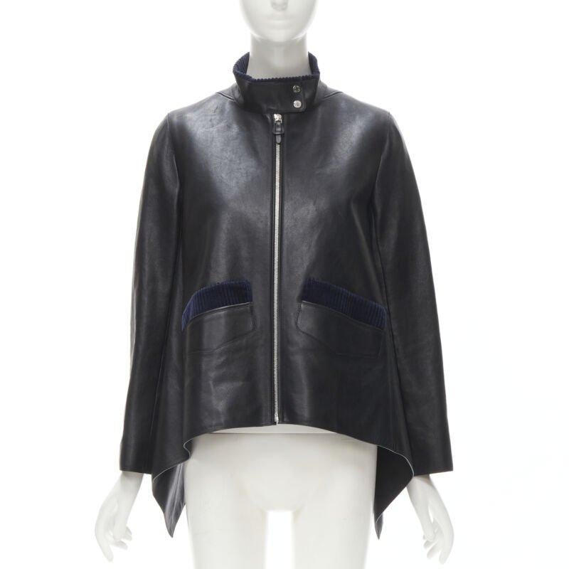 HERMES black calfskin leather navy corduroy trim cape flared leather jacket FR36 In Good Condition In Hong Kong, NT