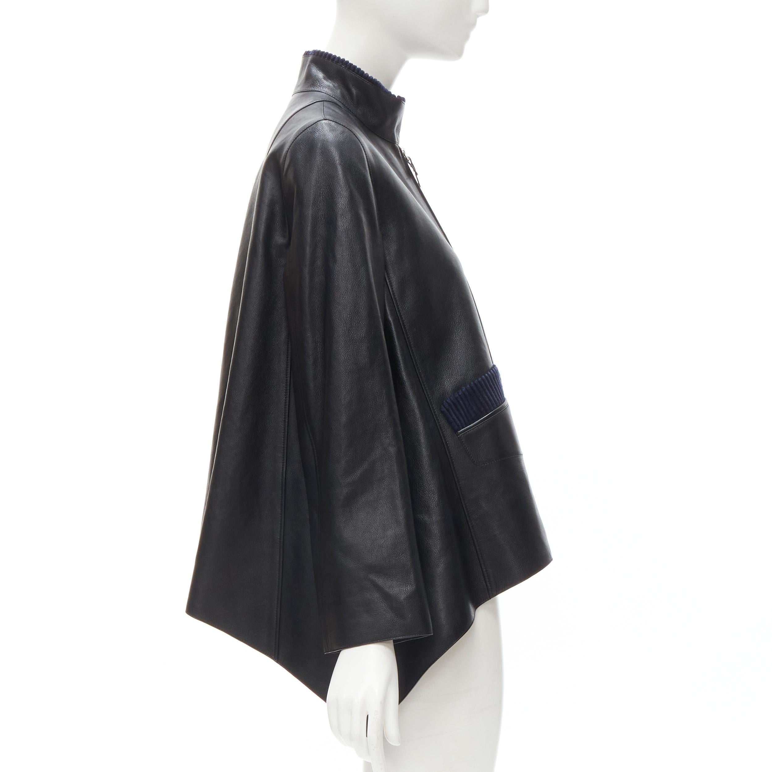 Women's HERMES black calfskin leather navy corduroy trim cape flared leather jacket FR36 For Sale