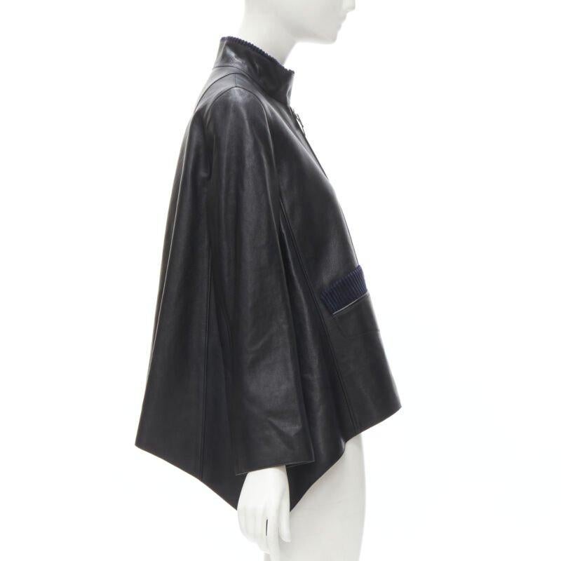 Women's HERMES black calfskin leather navy corduroy trim cape flared leather jacket FR36