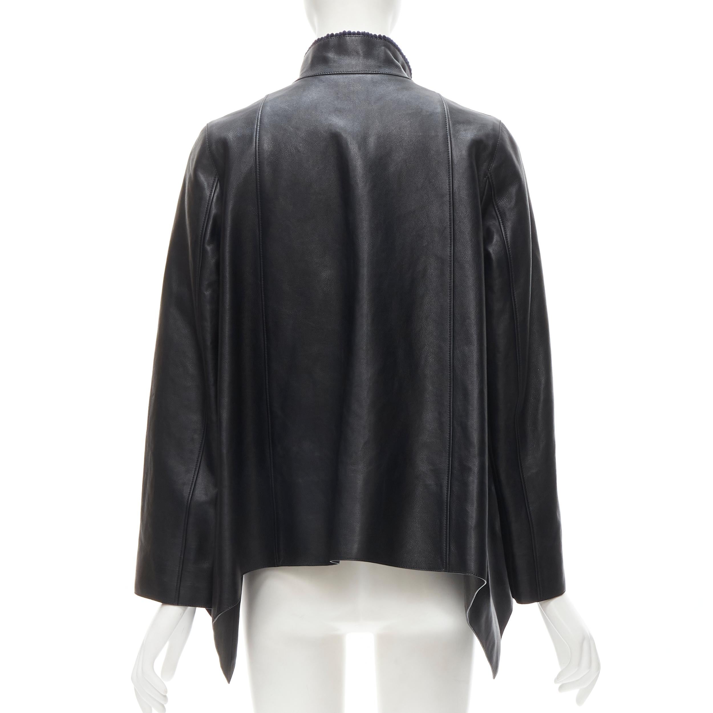 HERMES black calfskin leather navy corduroy trim cape flared leather jacket FR36 For Sale 1