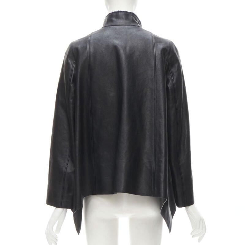 HERMES black calfskin leather navy corduroy trim cape flared leather jacket FR36 1