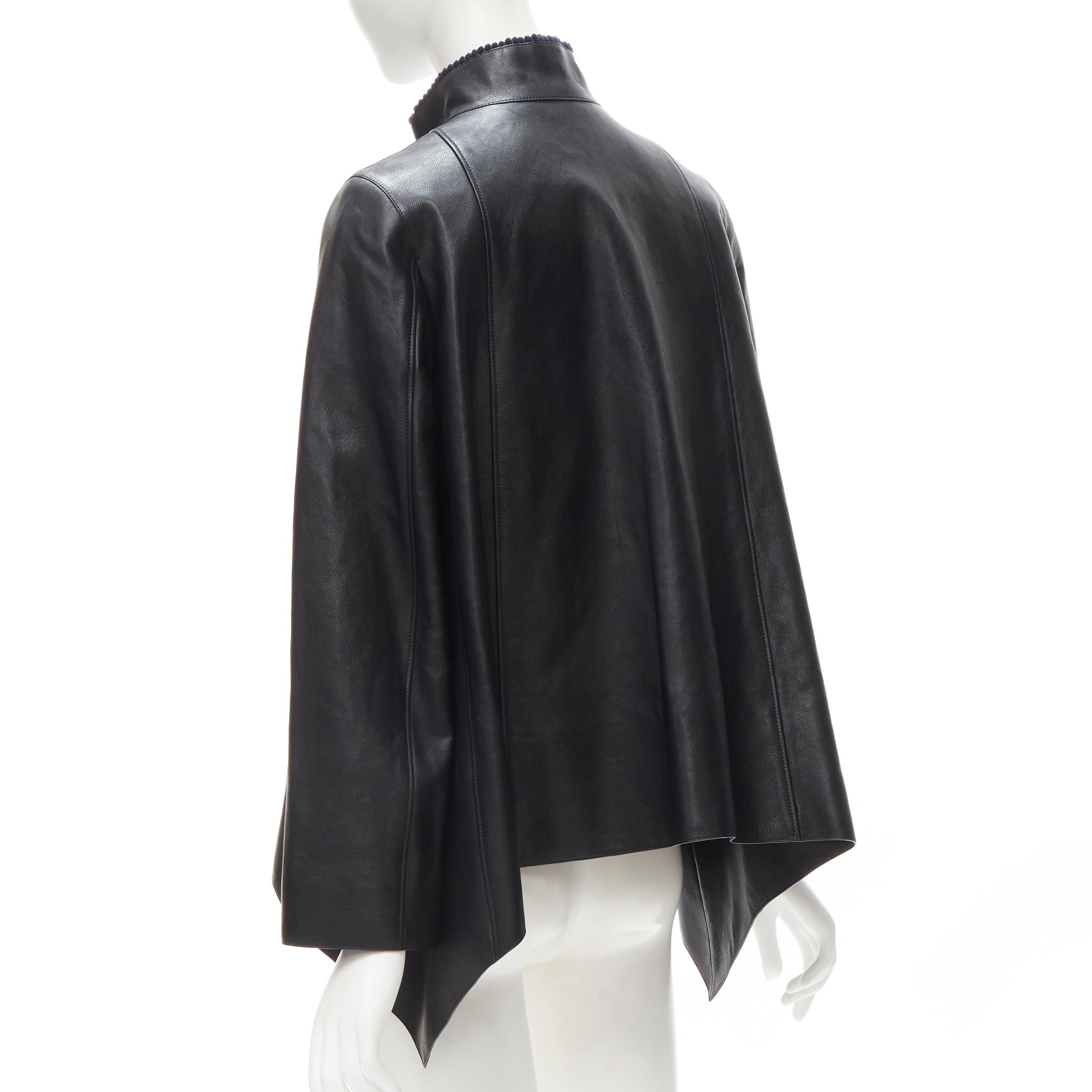 HERMES black calfskin leather navy corduroy trim cape flared leather jacket FR36 For Sale 2