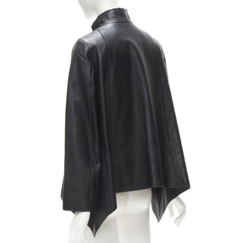 HERMES black calfskin leather navy corduroy trim cape flared leather jacket FR36 2