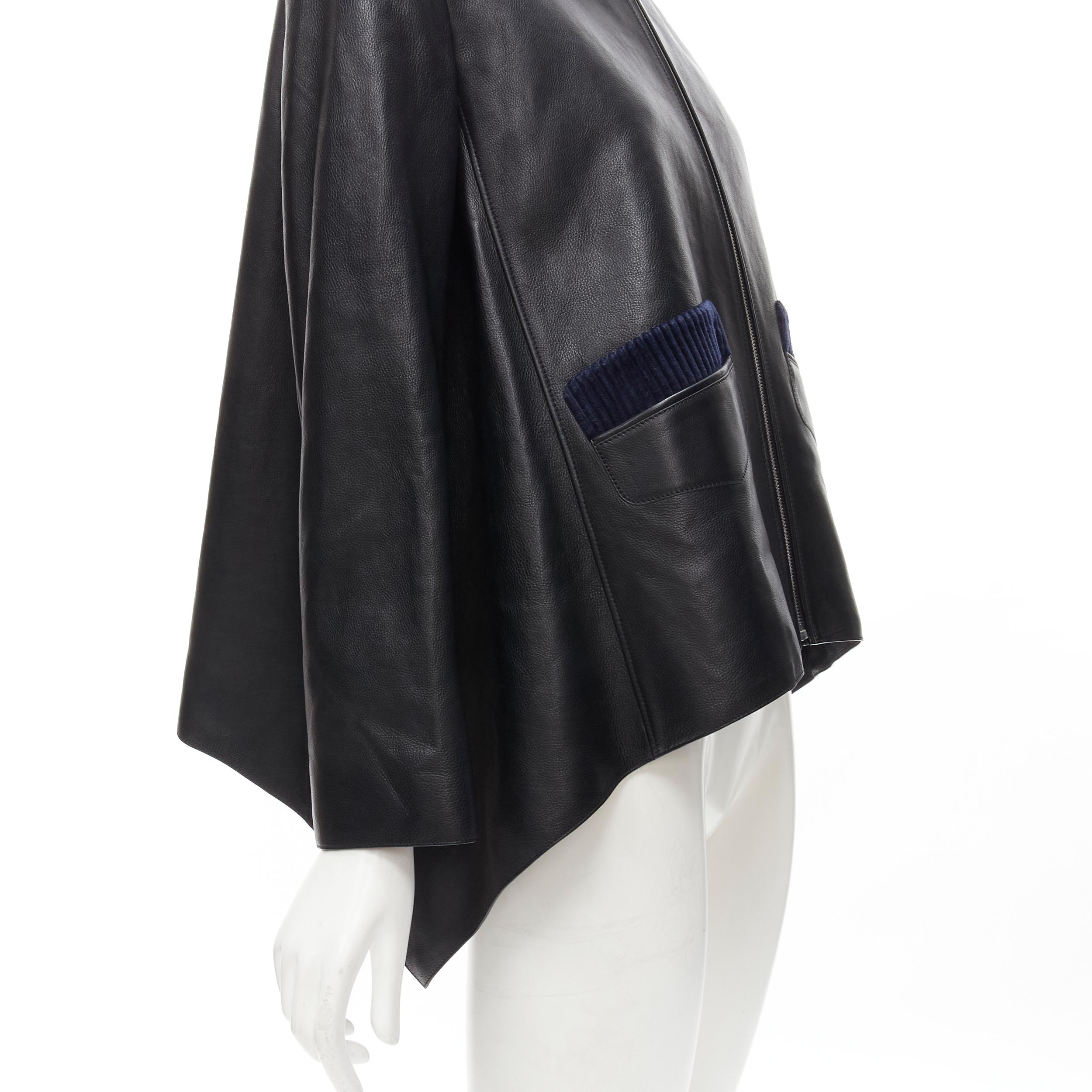 HERMES black calfskin leather navy corduroy trim cape flared leather jacket FR36 For Sale 3