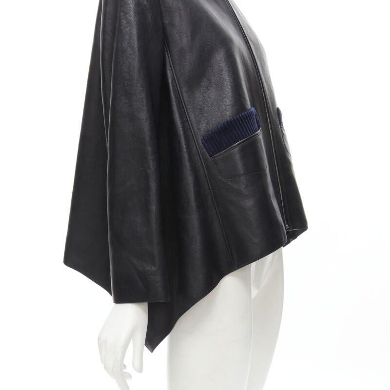 HERMES black calfskin leather navy corduroy trim cape flared leather jacket FR36 3