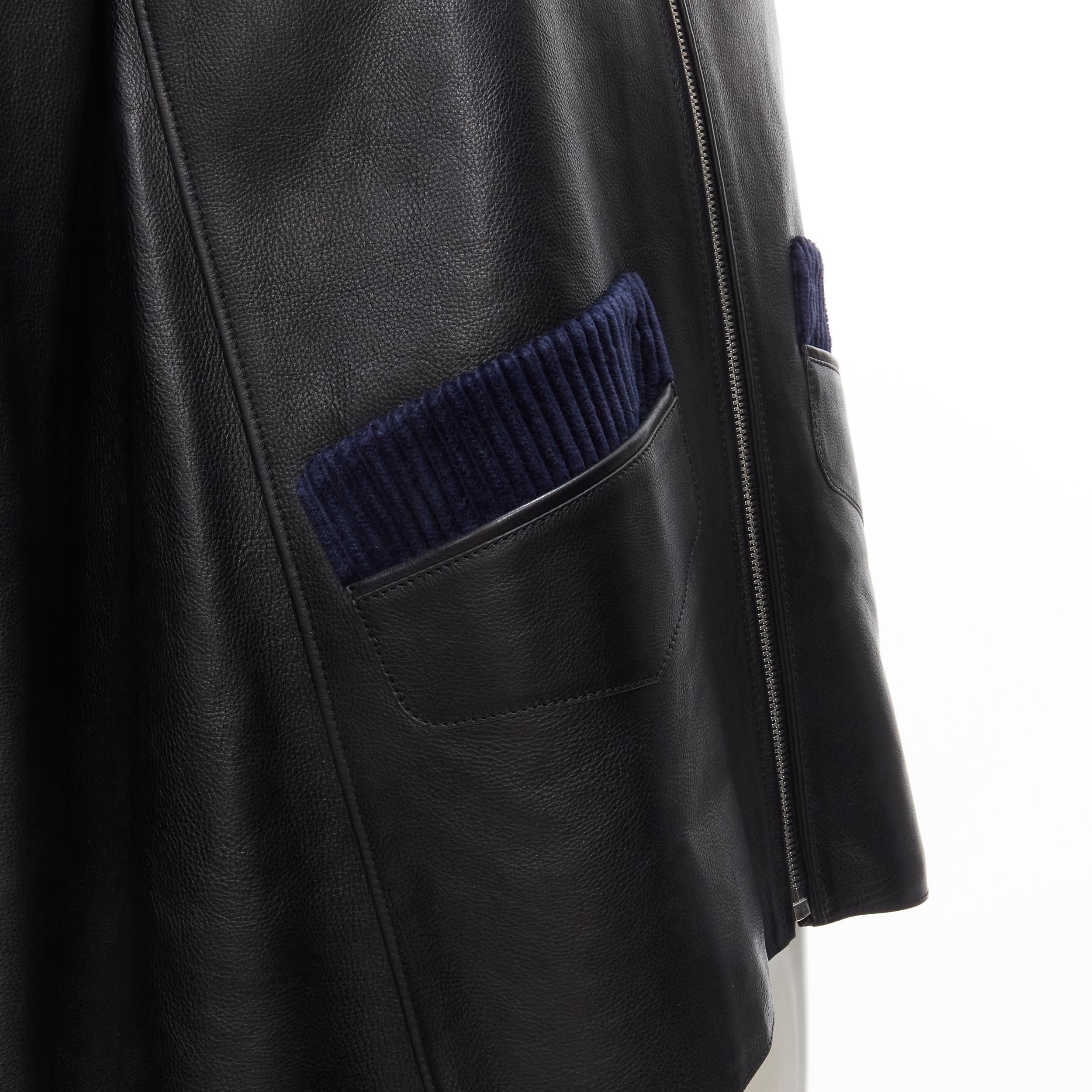 HERMES black calfskin leather navy corduroy trim cape flared leather jacket FR36 For Sale 4