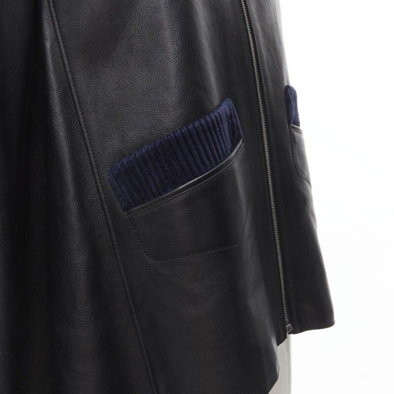HERMES black calfskin leather navy corduroy trim cape flared leather jacket FR36 4