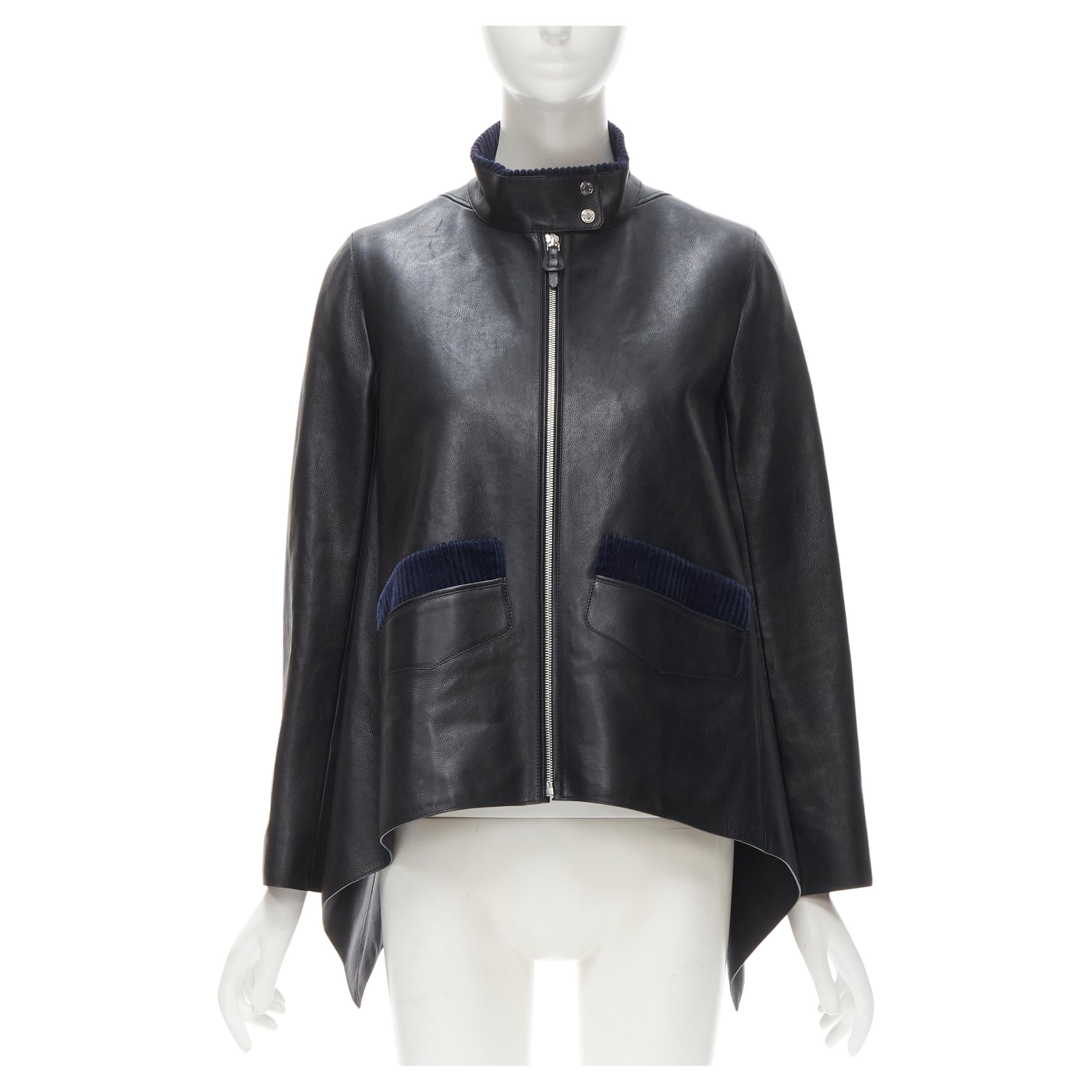 HERMES black calfskin leather navy corduroy trim cape flared leather jacket FR36 For Sale
