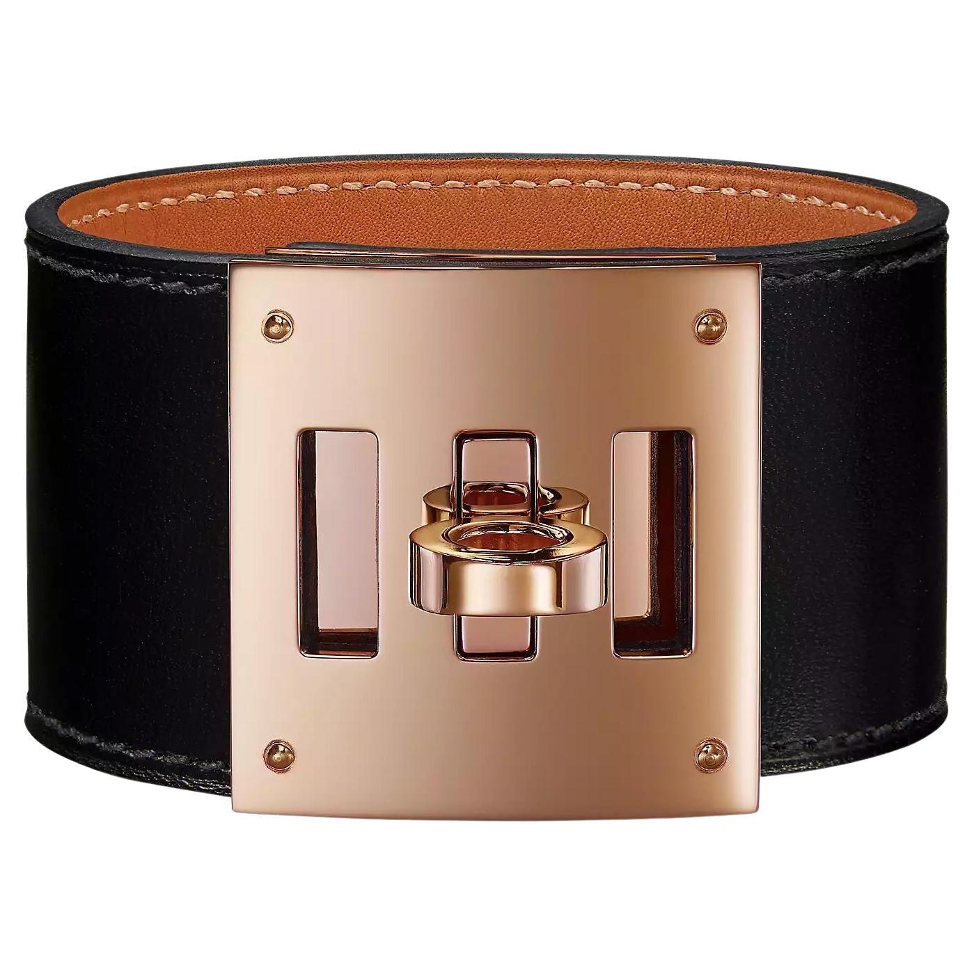 Hermes Black Calfskin With Rose Gold Plated Closure Kelly Dog bracelet T1 For Sale