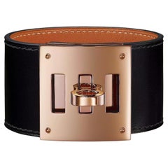 Hermes Black Calfskin With Rose Gold Plated Closure Kelly Dog bracelet T1