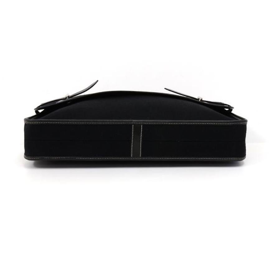 Men's Hermes Black Canvas Leather Buckle Flap Top Handle Business Briefcase Bag