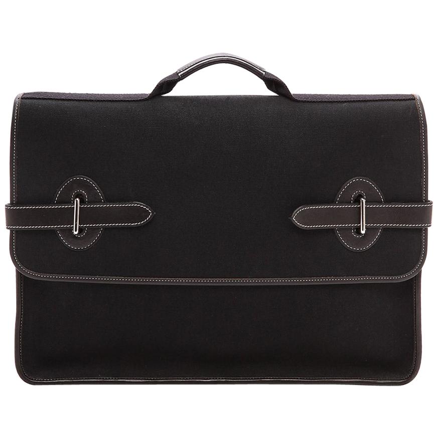 Hermes Black Canvas Leather Buckle Flap Top Handle Business Briefcase Bag