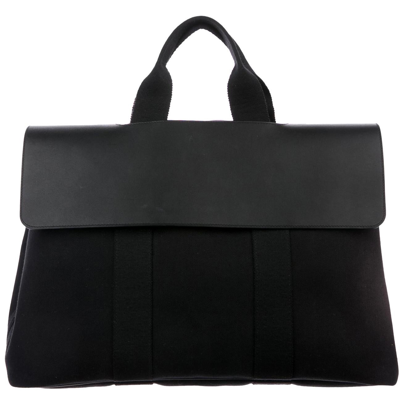 Hermes Black Canvas Leather Trim Top Carryall Handle Satchel Tote Bag in Box