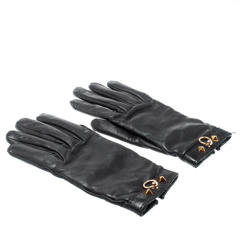 Hermes Black Cashmere Lambskin Leather Louise Gloves Size 7 In Good Condition In Dubai, Al Qouz 2