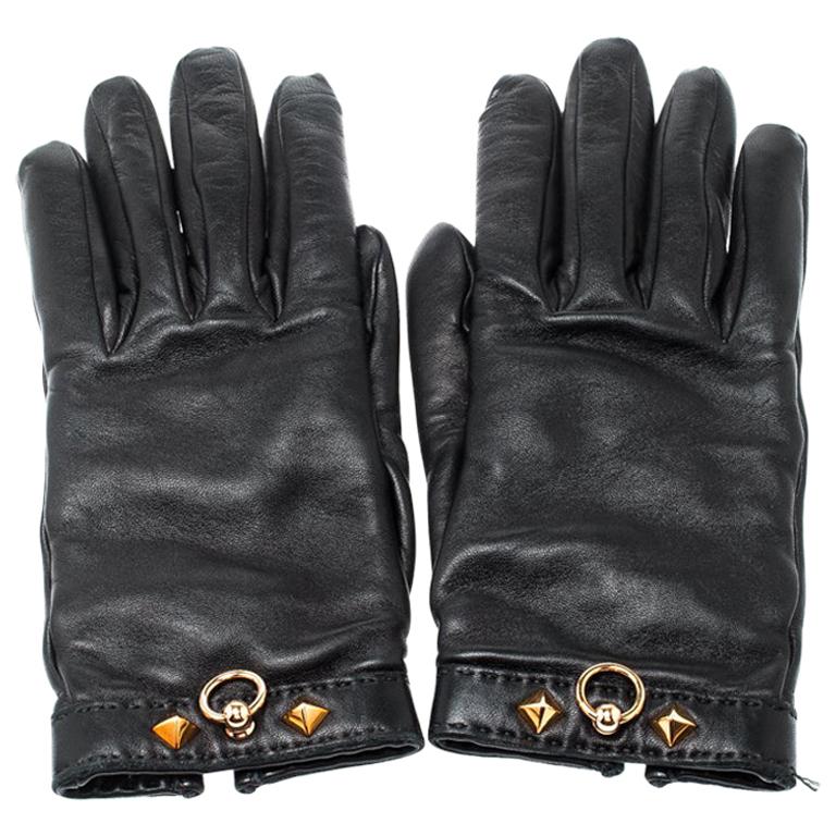 Hermes Black Cashmere Lambskin Leather Louise Gloves Size 7