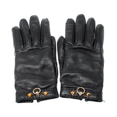 Hermes Black Cashmere Lambskin Leather Louise Gloves Size 7