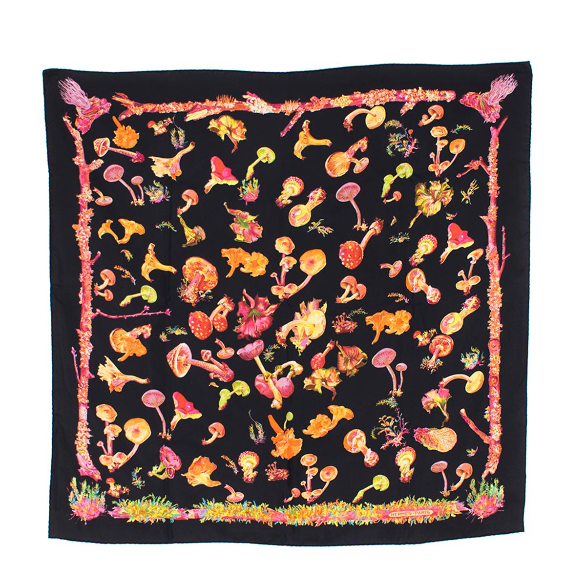 Hermes Black 'Champignons' Silk Scarf 

- Black Scarf 
- 100% Silk 
- 'Champignons' Mushroom themed print 
- Lightweight
- Rolled edges 

This item comes in an original box. 

Please note, these items are pre-owned and may show some signs of
