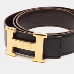 Hermes Black/Chocolat Box and Swift H Buckle Belt 80CM