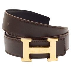 Hermes Black/Chocolat Box and Swift H Buckle Belt 80CM