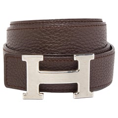 Hermes Black/Chocolat Box et Togo Leather H Buckle Reversible Belt 90CM