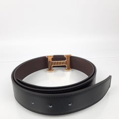 Hermes Black/Chocolate Belt buckle H Ribbed & Reversible leather strap 32 mm