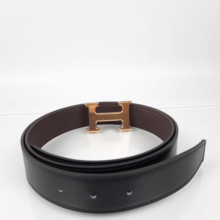 Hermes Black/Chocolate Belt buckle H Ribbed and Reversible leather ...