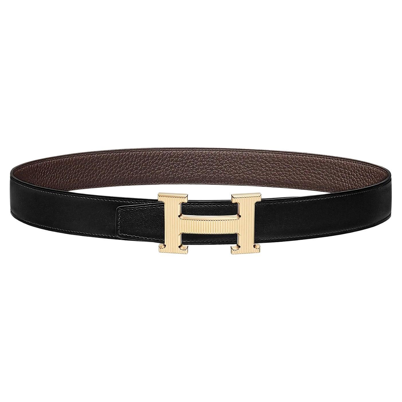 HM H D'ANCRE BELT BUCKLE & REVERSIBLE BLACK AND CHOCOLATE BROWN LEATHER STRAP 38 MM GOLD HARDWARE