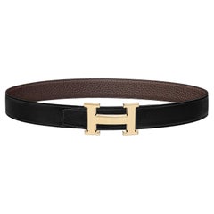 Hermes Black/Chocolate Belt buckle H Ribbed & Reversible leather strap 32 mm
