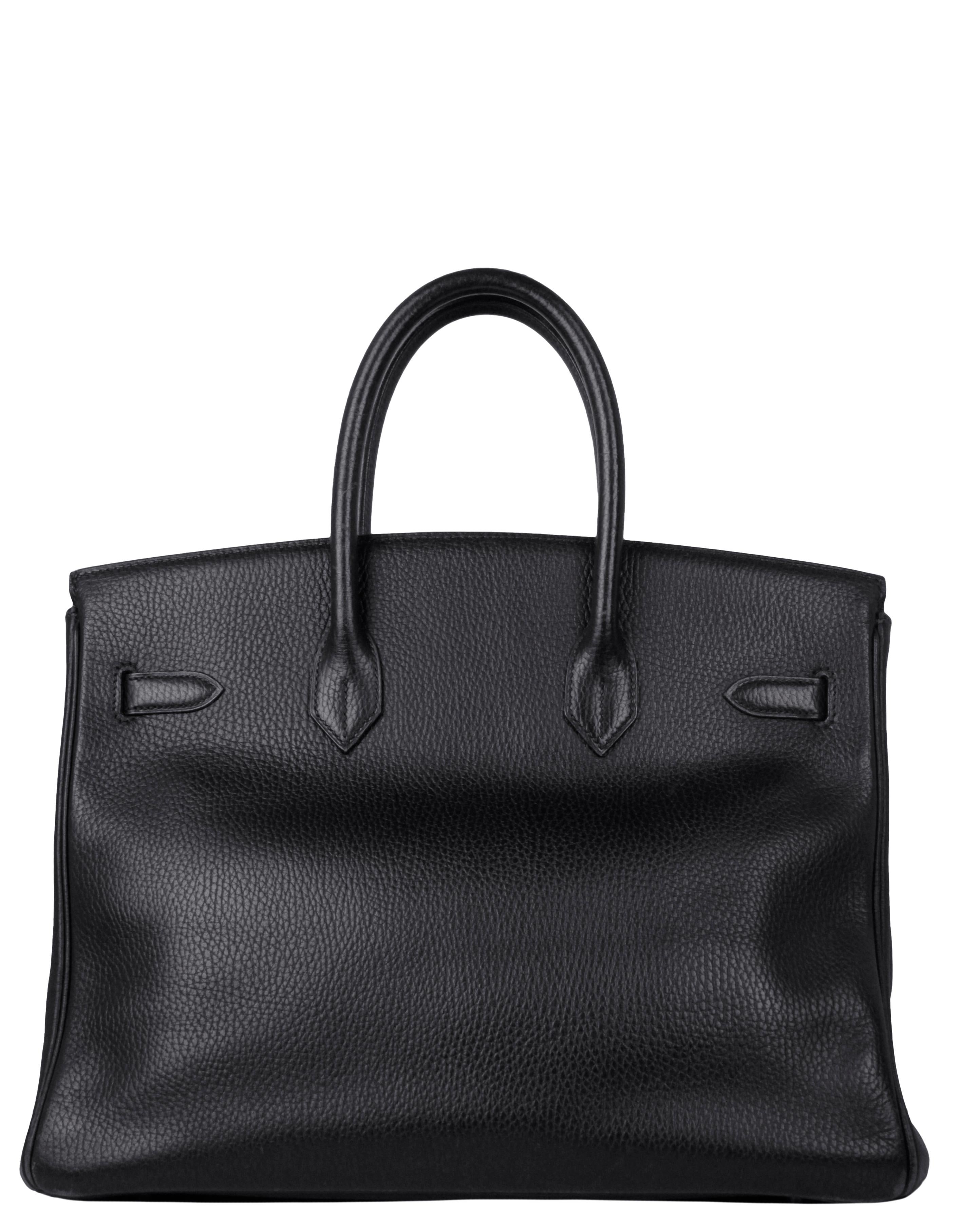 Hermes Black Clemence Leather 35cm Birkin Bag GHW

Made In: France
Year of Production: 1998
Color: Black
Hardware: Gold
Materials: Clemence
Lining: Chevre leather
Closure/Opening: Double arm strap with twist lock
Interior Pockets: One zip and one