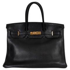 HERMES black Clemence leather BIRKIN 35 Bag w Gold