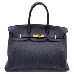 Hermes Noir Clemence Cuir Birkin 35 Top Handle Bag Satchel Handbag