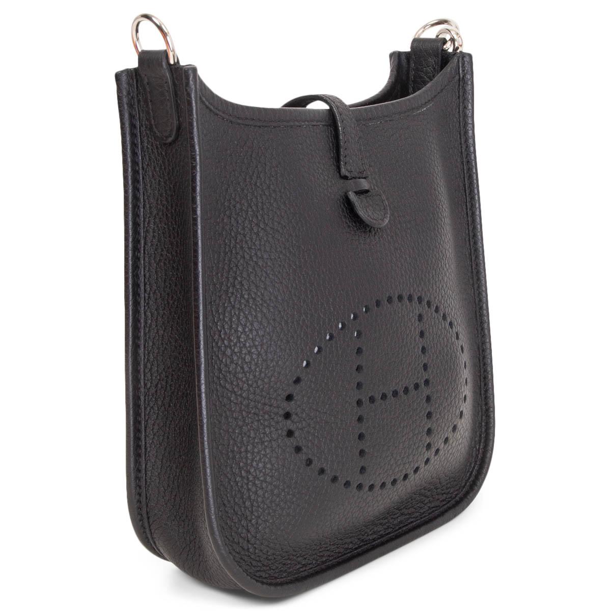 100% authentic Hermès Evelyne 16 Amazone crossbody bag in Noir (black) Taurillon Clemence leather with a black wool sangle strap, perforated leather 