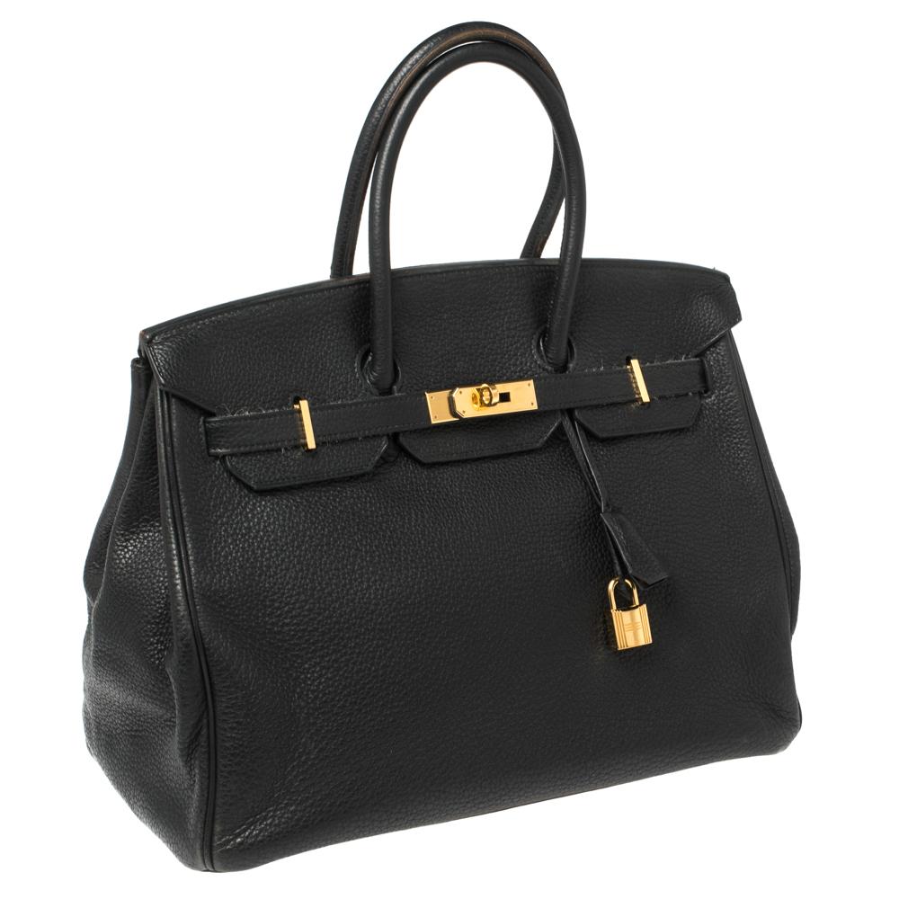 Hermes Black Clemence Leather Gold Hardware Birkin 35 Bag In Good Condition In Dubai, Al Qouz 2