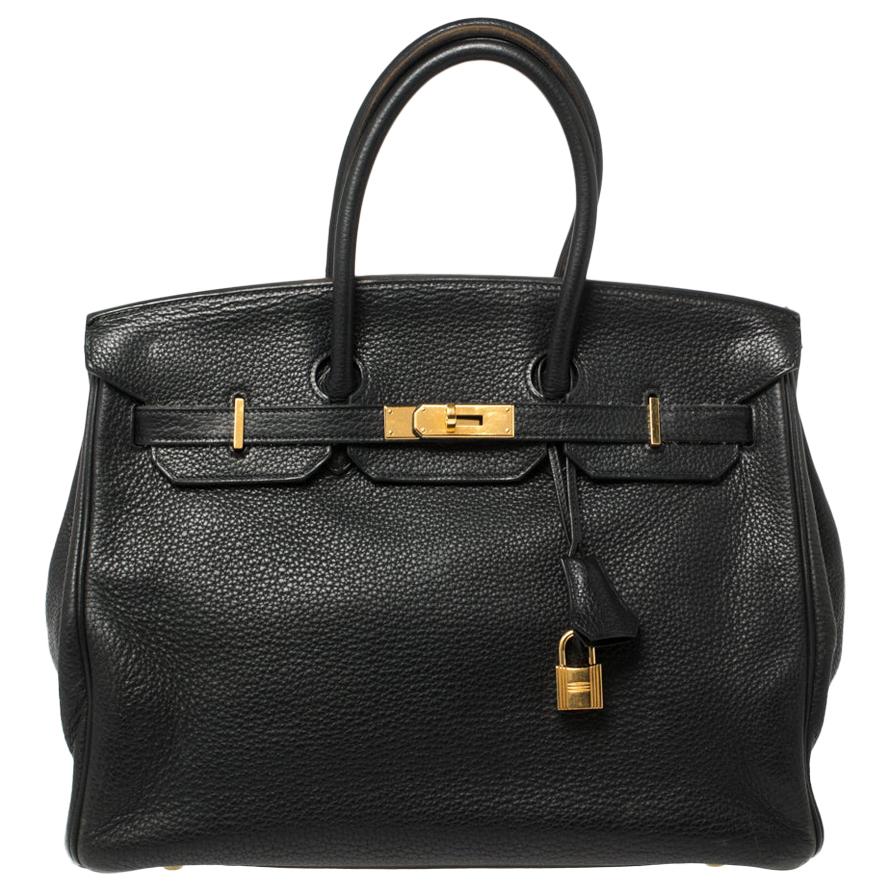 Hermes Black Clemence Leather Gold Hardware Birkin 35 Bag