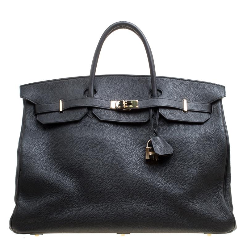 Hermes Black Clemence Leather Gold Hardware Birkin 50 Bag