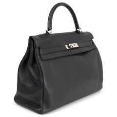 HERMES black Togo leather KELLY 35 RETOURNE Bag Palladium