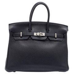 Hermes Black Clemence Leather Palladium Hardware Birkin 25 Bag