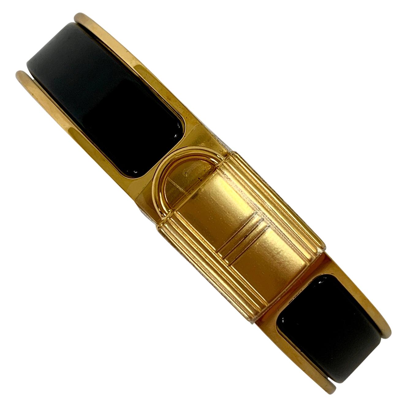 Hermes Black Clic Cadenas Enamel Lock Bracelet Gold