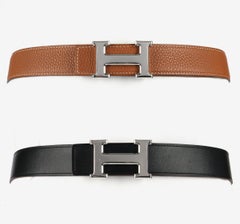 HERMES Schwarz Cognac Epsom Leder Silber Palladium H Schnalle Reversible Belt 95