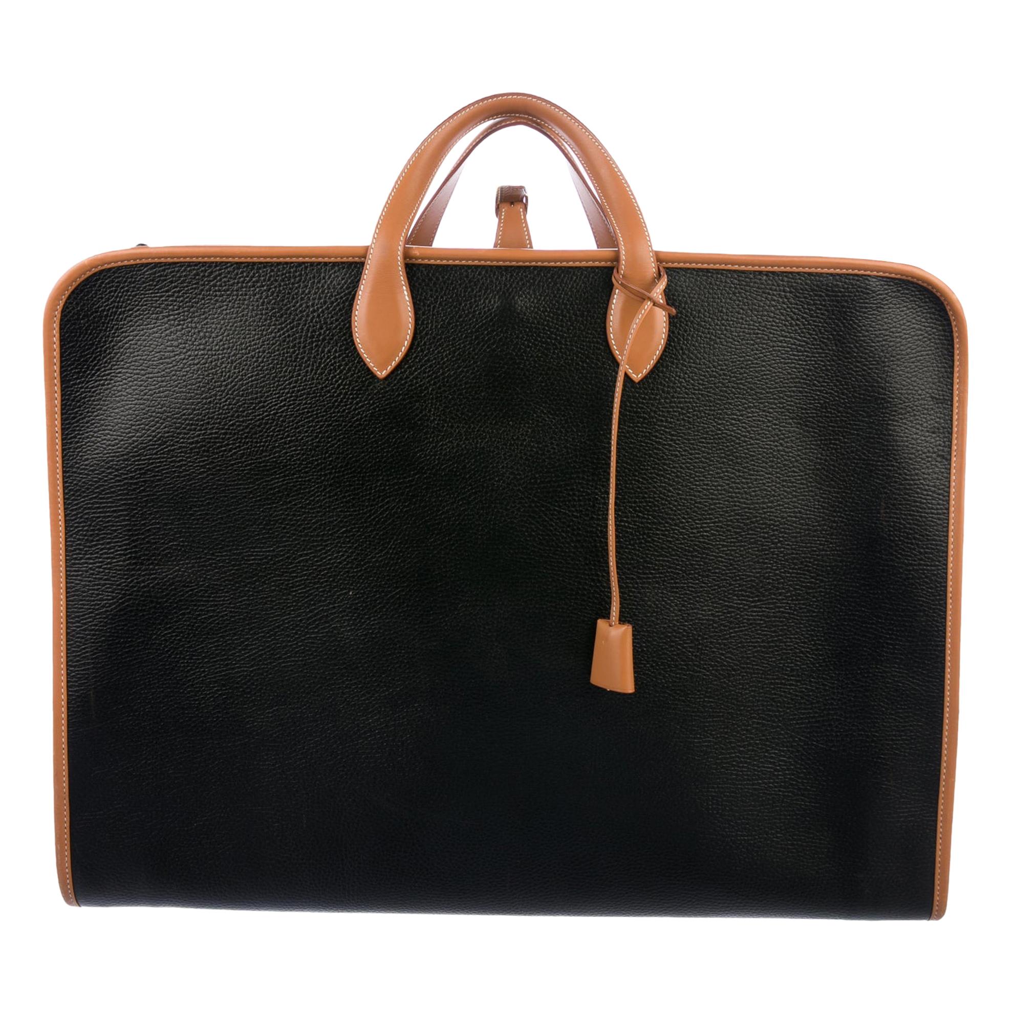 Hermes Black Cognac Leather Men's Women's Carryall Top Handle Travel Tote Bag