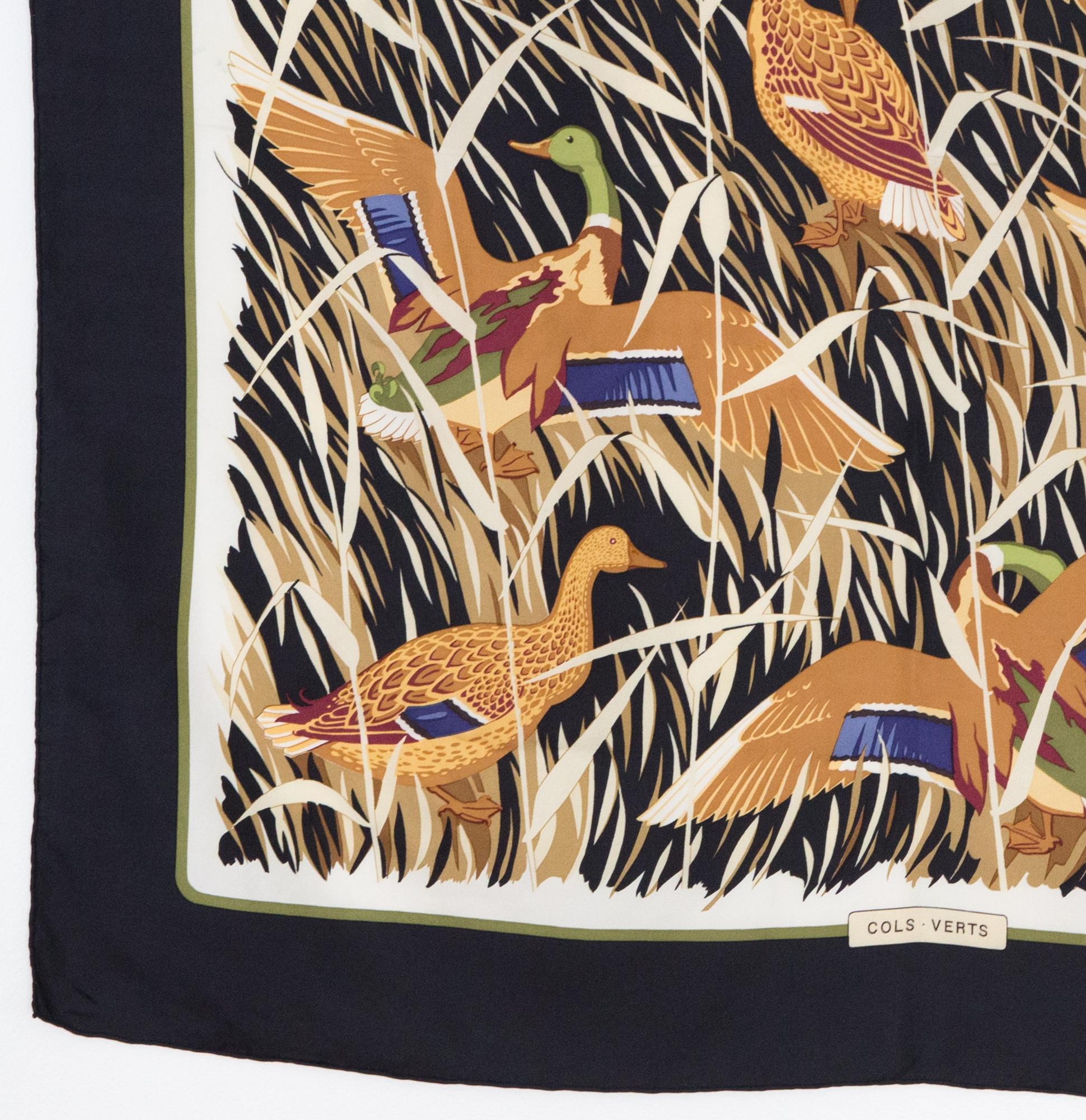 Hermes Black Cols Verts by Christiane Vauzelles Silk Scarf In Excellent Condition In Paris, FR
