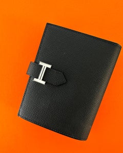 Schwarze kompakte Bearn-Brieftasche von Hermès mit schwarzem Epsom Palladium
