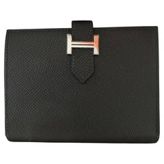 Hermès - Portefeuille noir compact Bearn en métal Epsom Palladium