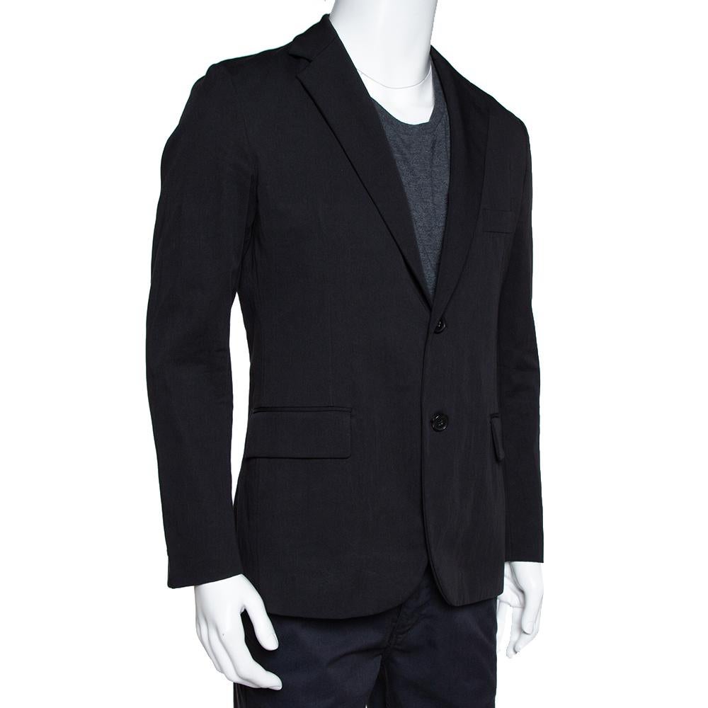 Hermes Black Cotton Leather Trim Two Buttoned Jacket L In Good Condition In Dubai, Al Qouz 2