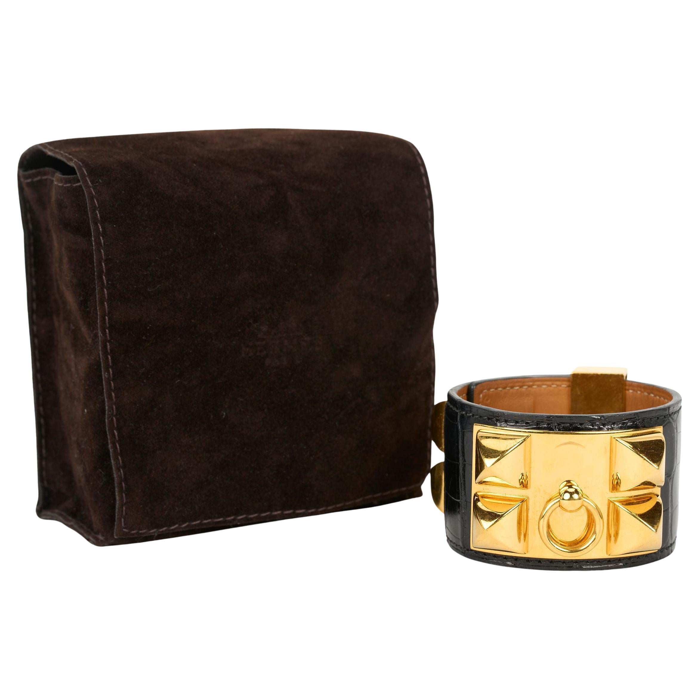 Hermès Black Croc CDC Gold Bracelet For Sale