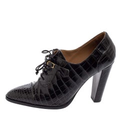 Hermes Black Croc Embossed Leather Lace-Up Oxford Ankle Booties Size 38.5